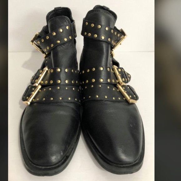 TOPSHOP Ark Booties Black Leather Studs Buckles 7 - Picture 3 of 6